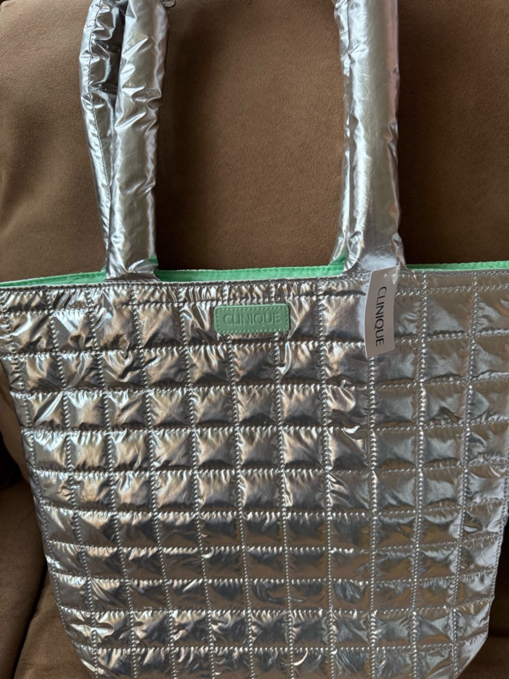 Clinique Metallic Silver Quilted Tote with Mint Accent